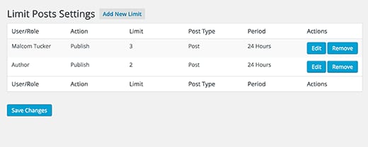 Setting Post Creation Limit for WordPress Users 4 editremovesavelimits